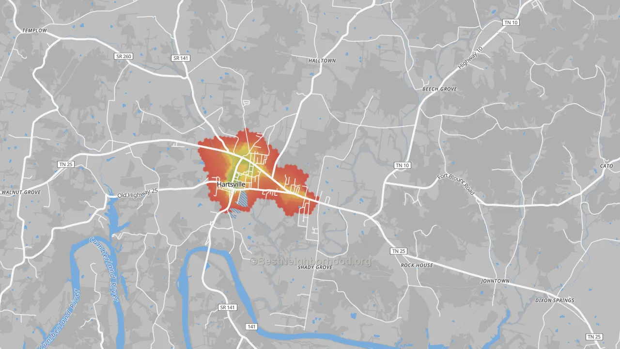 Walk Grade map of 37074, TN, walkable areas in green and car-dependent areas in red