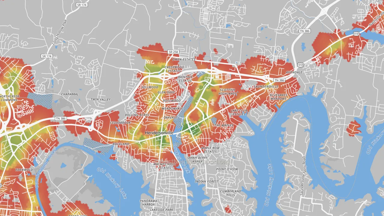 Walk Grade map of 37075, TN, walkable areas in green and car-dependent areas in red