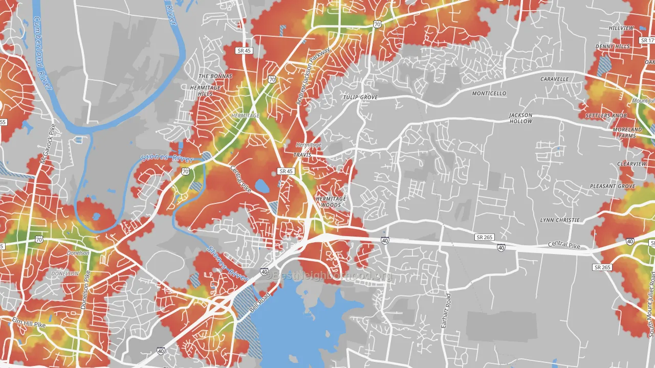 Walk Grade map of 37076, TN, walkable areas in green and car-dependent areas in red