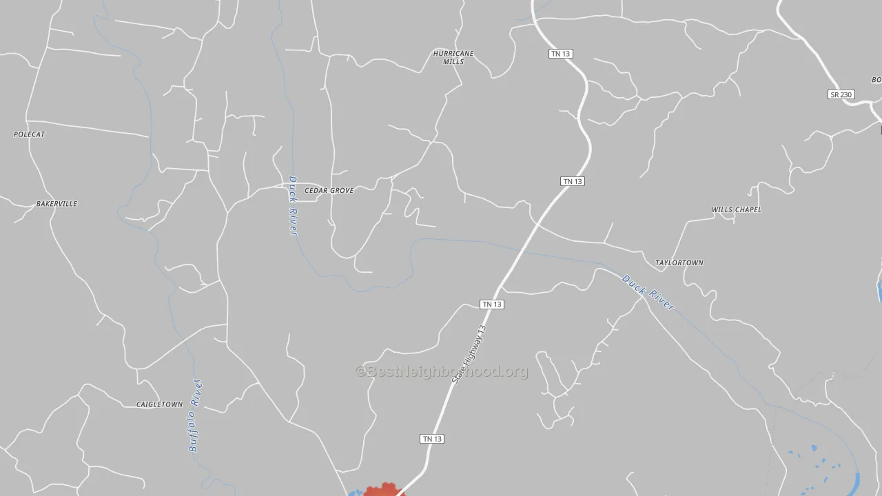Walk Grade map of 37078, TN, walkable areas in green and car-dependent areas in red