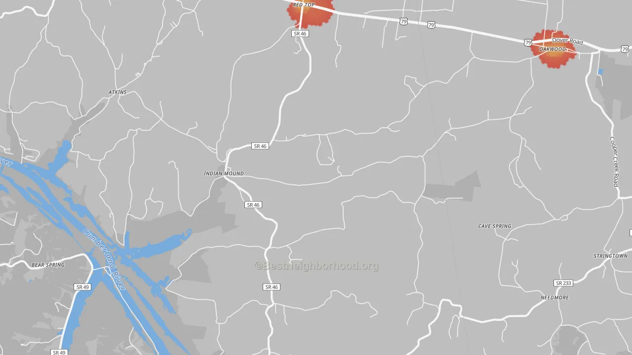 Walk Grade map of 37079, TN, walkable areas in green and car-dependent areas in red