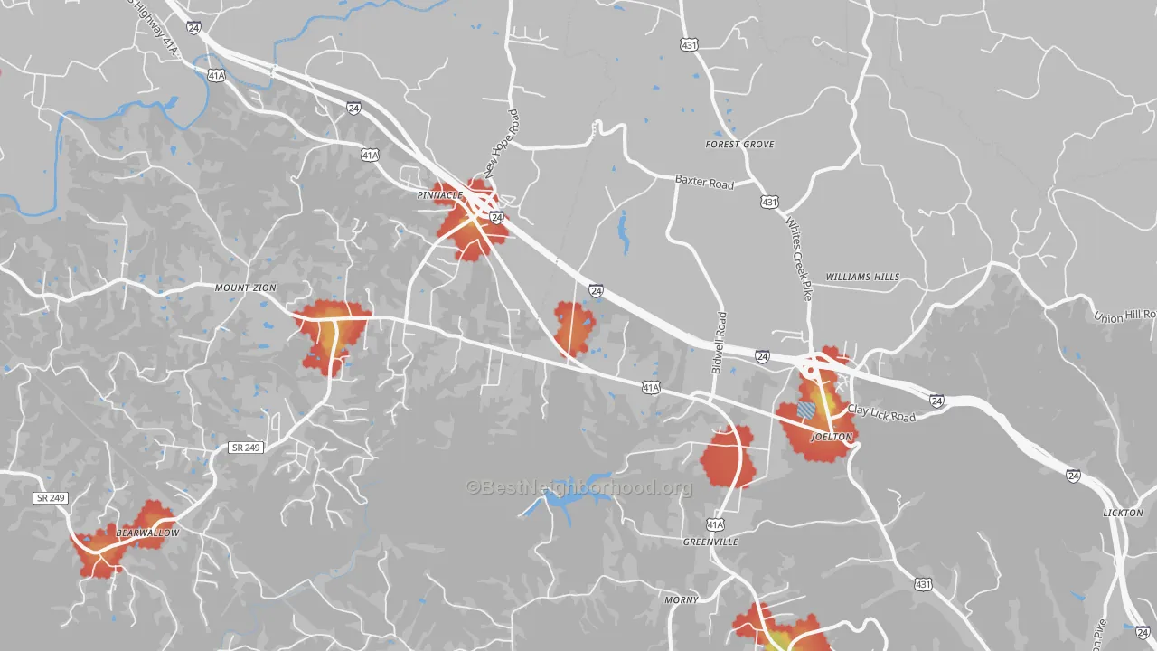 Walk Grade map of 37080, TN, walkable areas in green and car-dependent areas in red