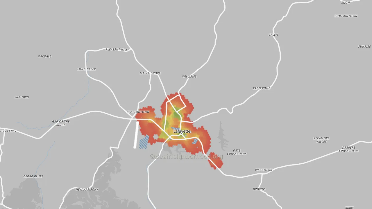 Walk Grade map of 37083, TN, walkable areas in green and car-dependent areas in red