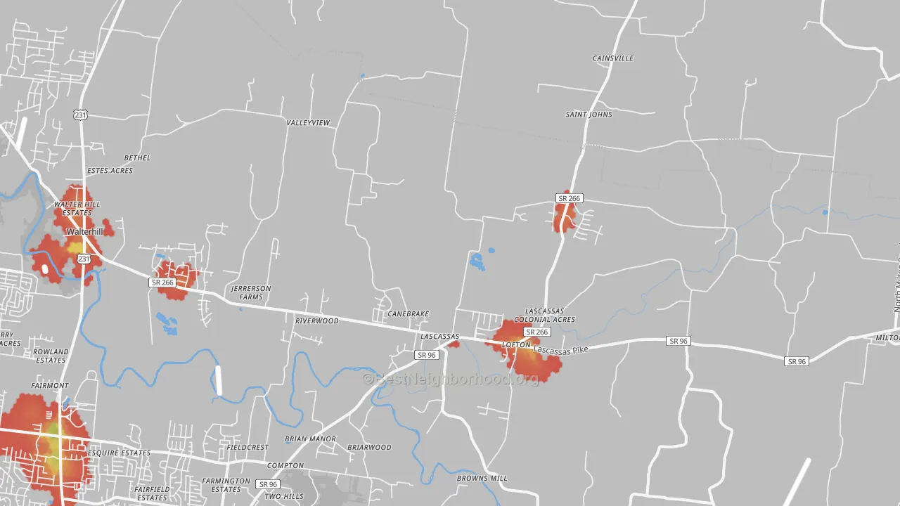 Walk Grade map of 37085, TN, walkable areas in green and car-dependent areas in red
