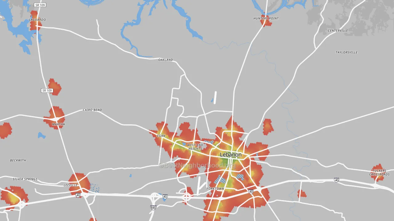 Walk Grade map of 37087, TN, walkable areas in green and car-dependent areas in red