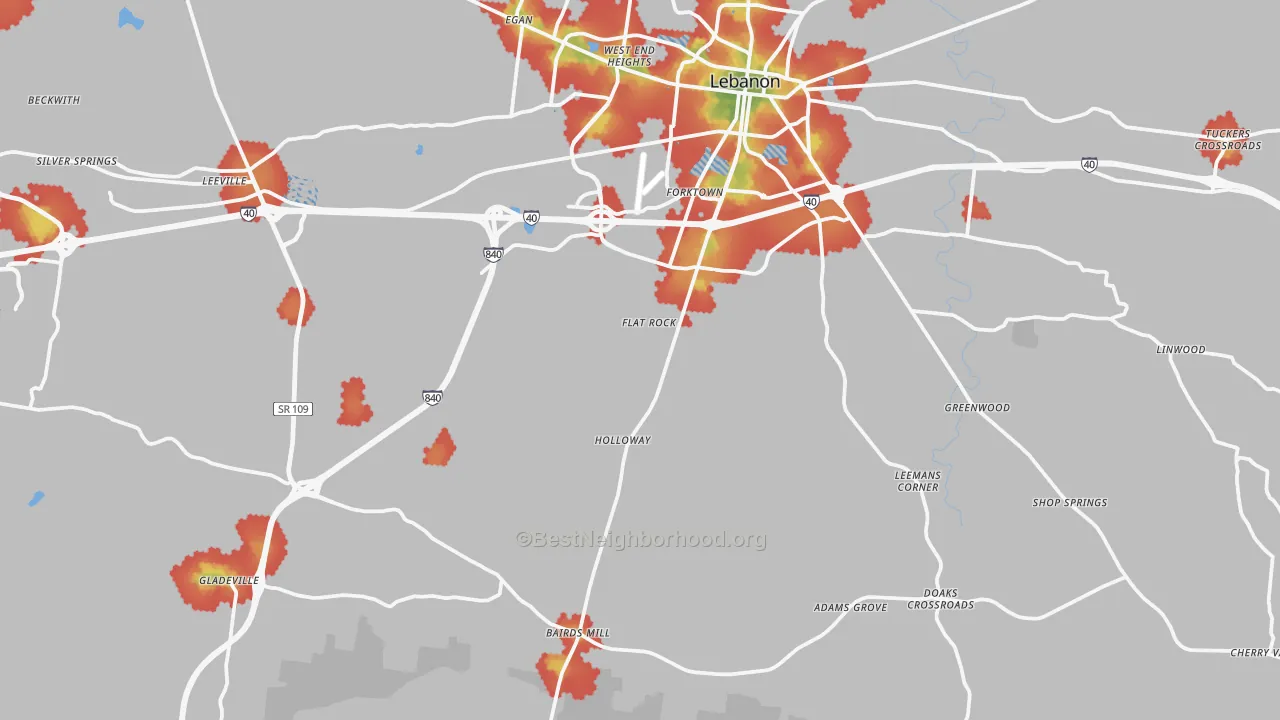 Walk Grade map of 37090, TN, walkable areas in green and car-dependent areas in red