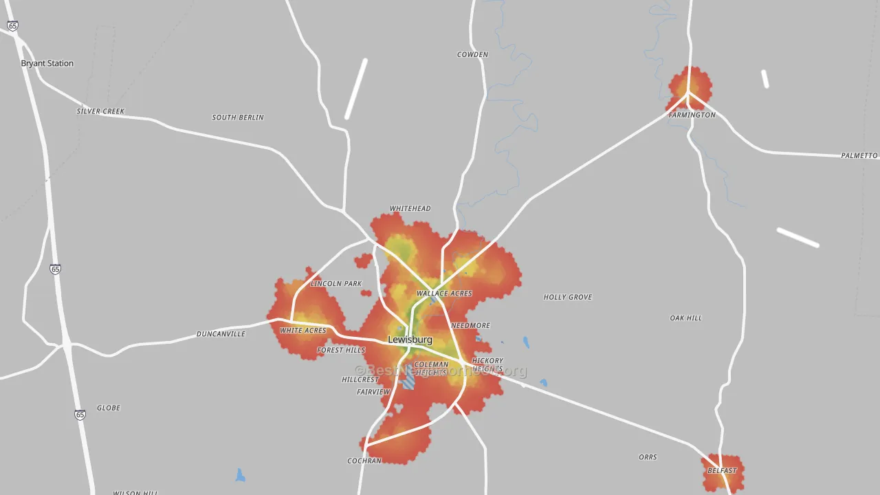 Walk Grade map of 37091, TN, walkable areas in green and car-dependent areas in red