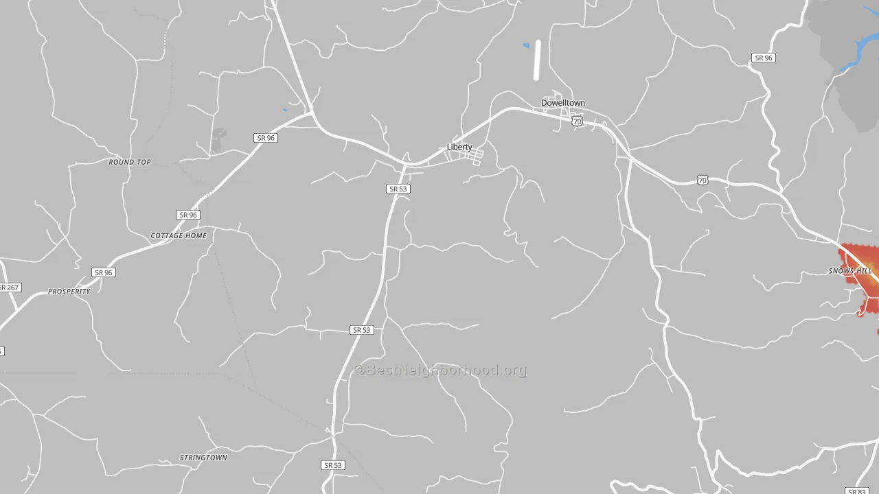 Walk Grade map of 37095, TN, walkable areas in green and car-dependent areas in red