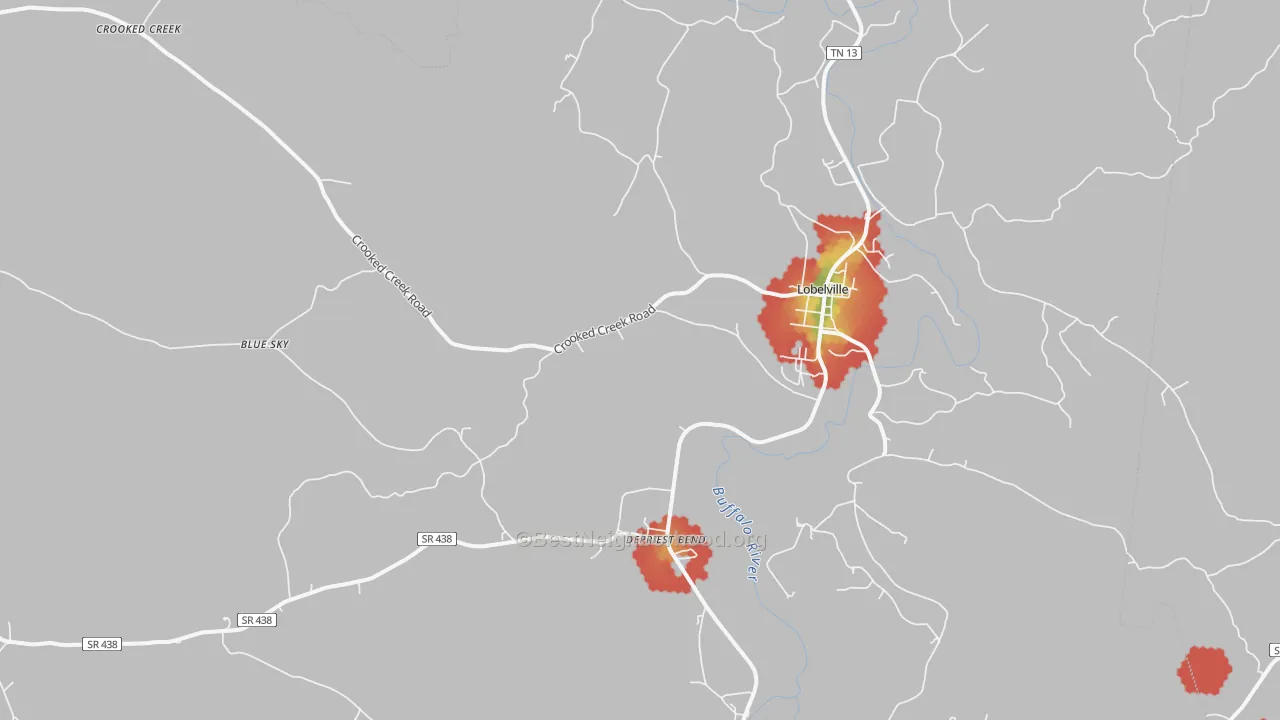 Walk Grade map of 37097, TN, walkable areas in green and car-dependent areas in red