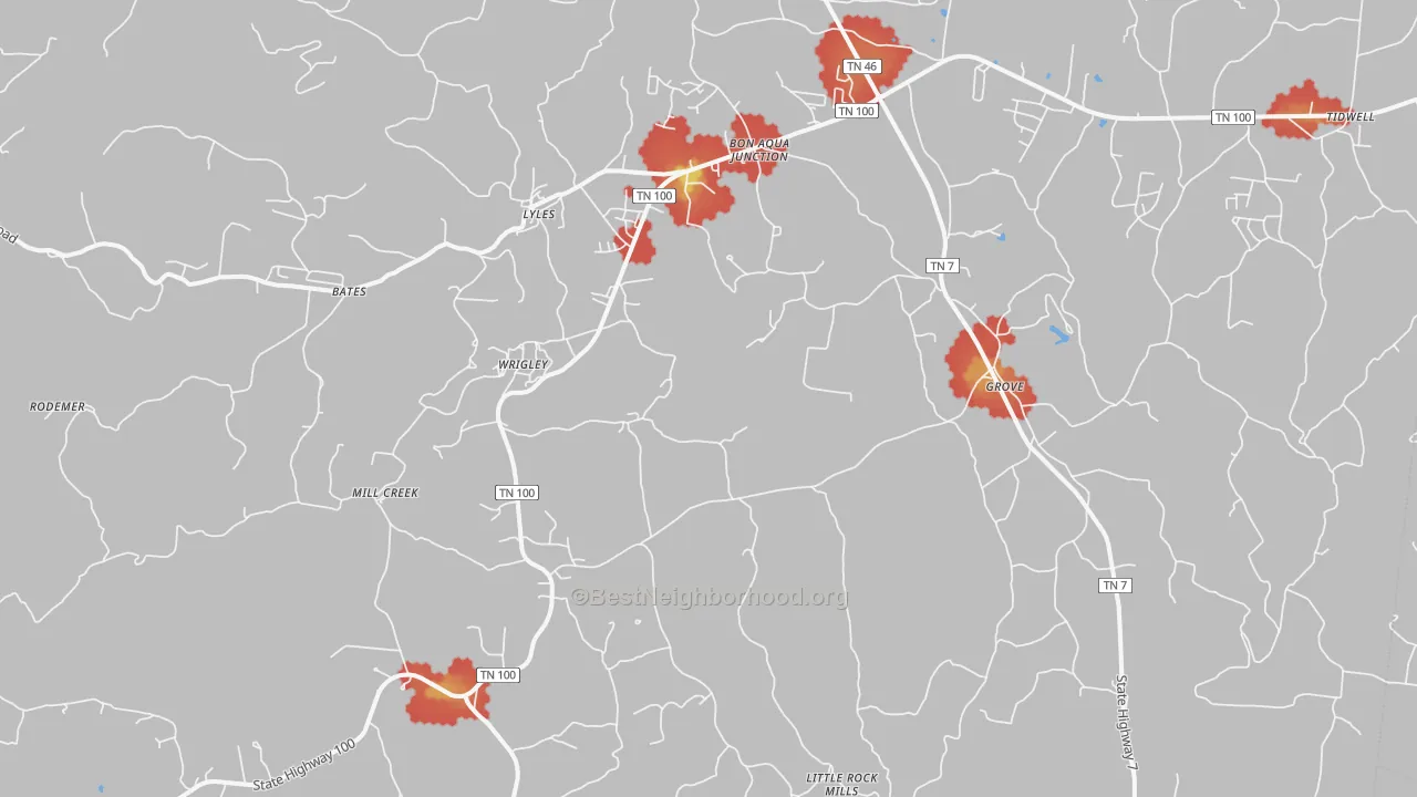Walk Grade map of 37098, TN, walkable areas in green and car-dependent areas in red