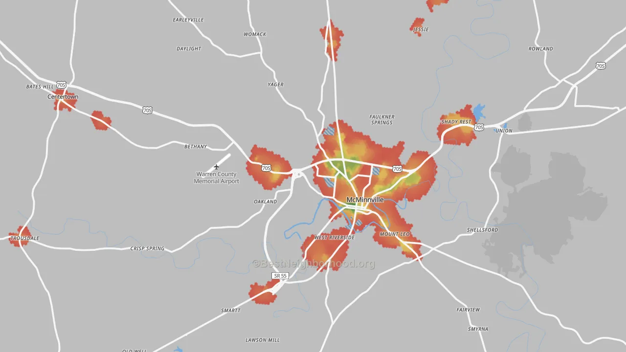 Walk Grade map of 37110, TN, walkable areas in green and car-dependent areas in red