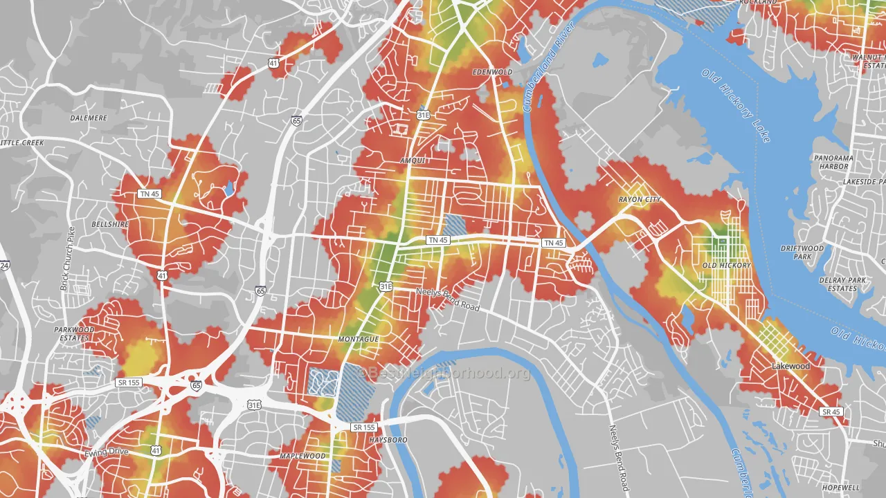 Walk Grade map of 37115, TN, walkable areas in green and car-dependent areas in red
