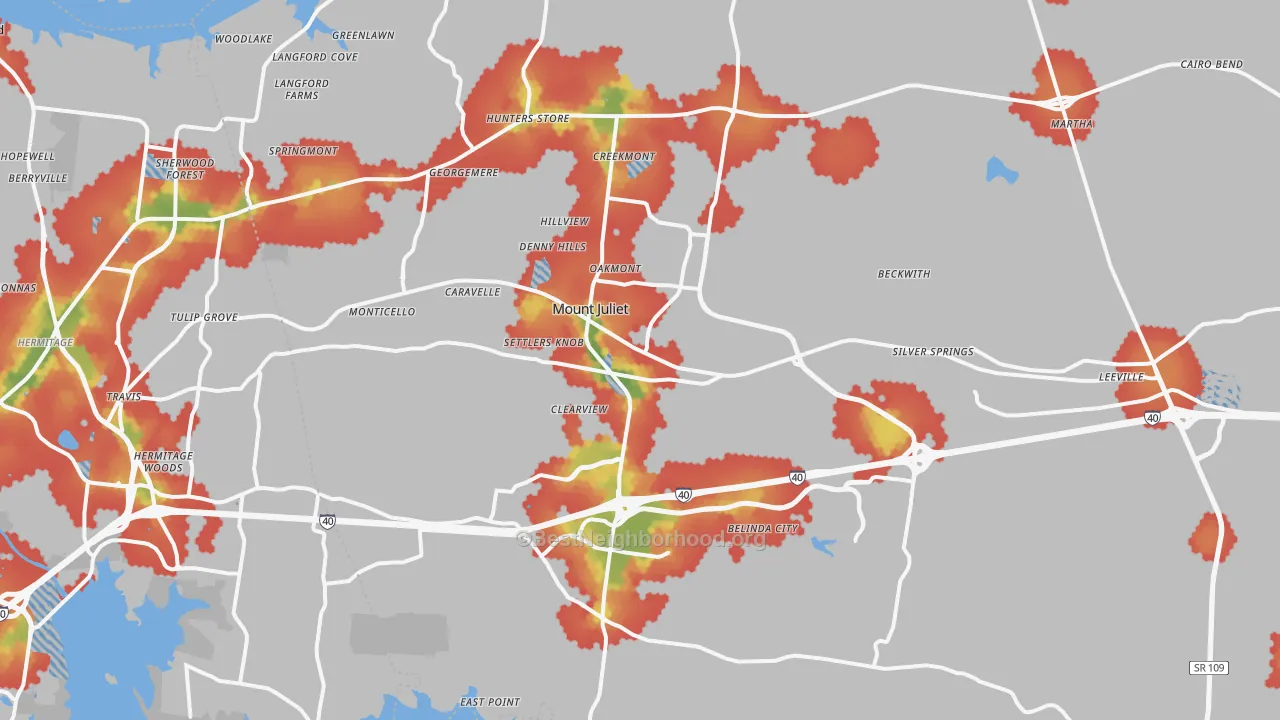 Walk Grade map of 37122, TN, walkable areas in green and car-dependent areas in red