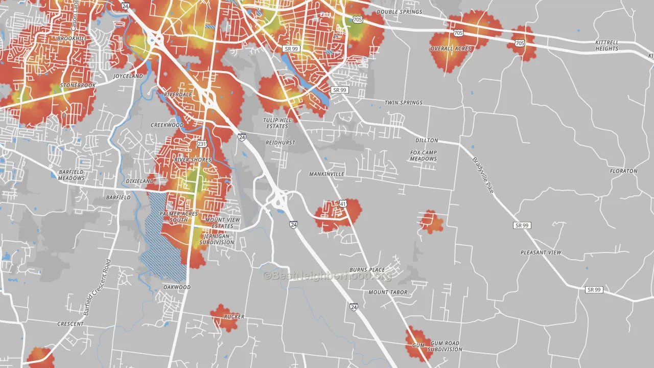 Walk Grade map of 37127, TN, walkable areas in green and car-dependent areas in red