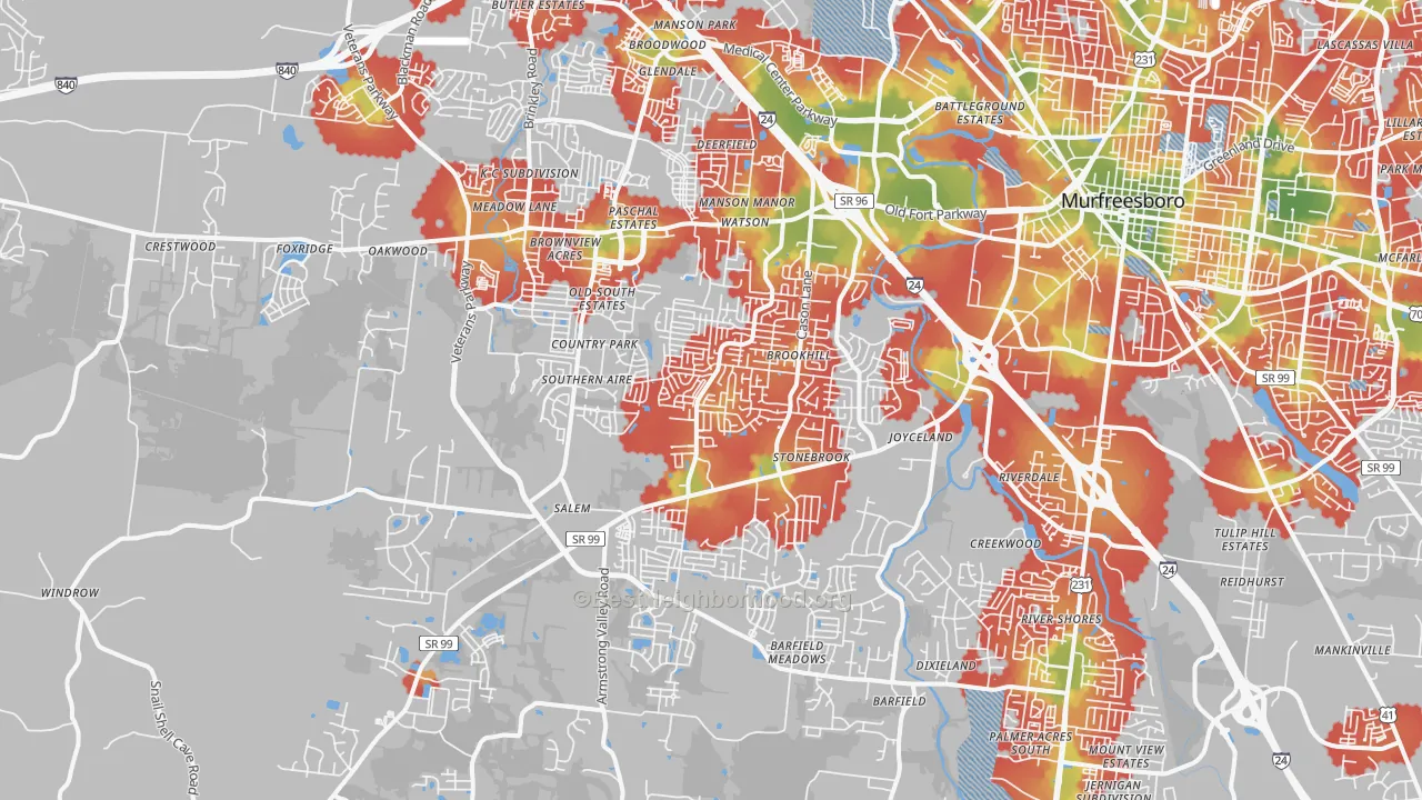 Walk Grade map of 37128, TN, walkable areas in green and car-dependent areas in red