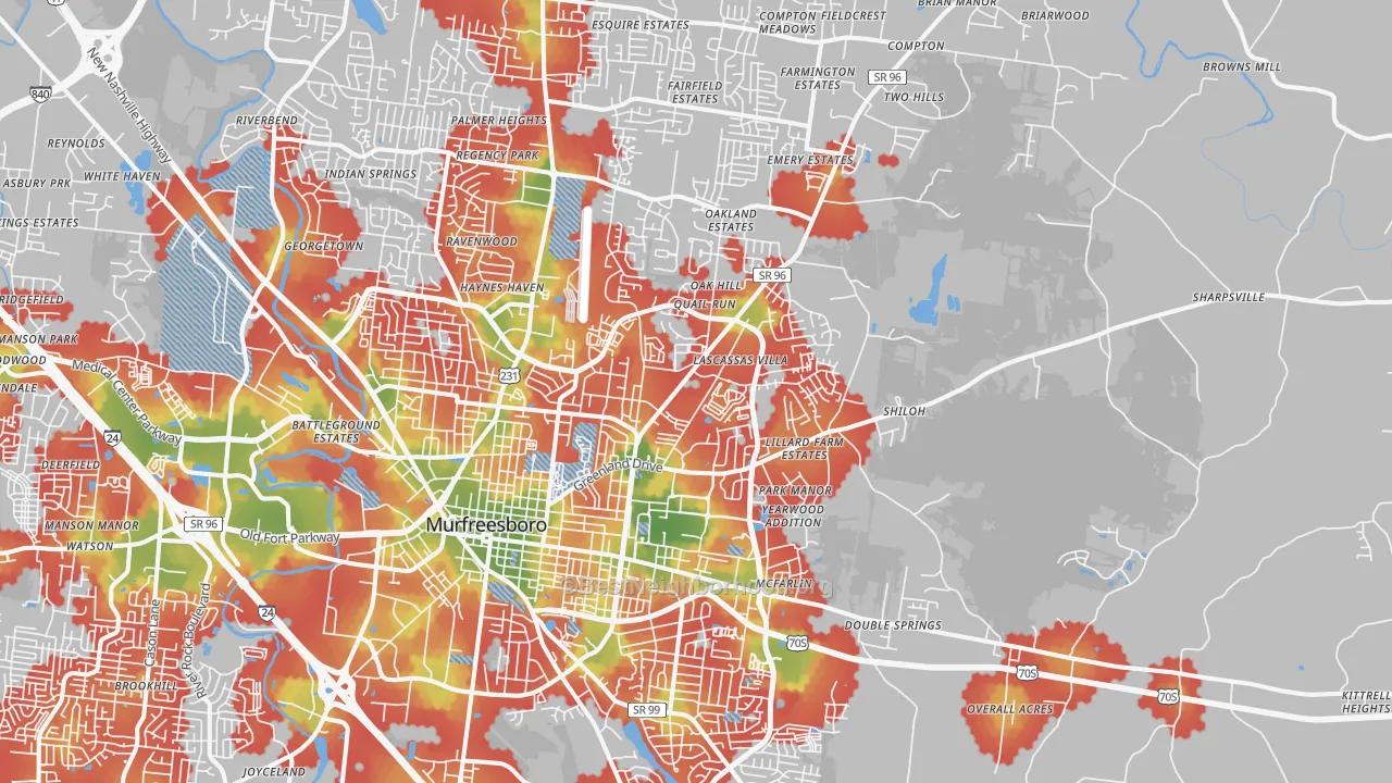 Walk Grade map of 37130, TN, walkable areas in green and car-dependent areas in red