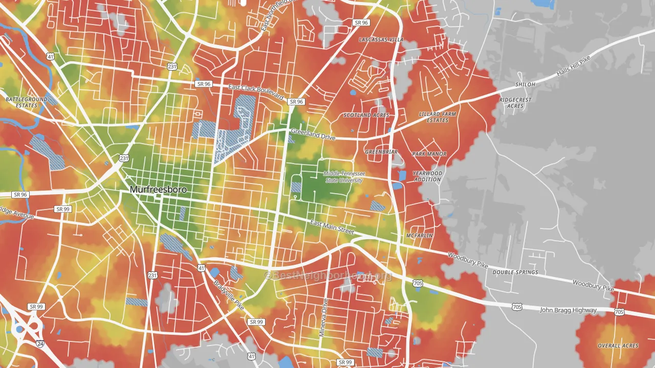 Walk Grade map of 37132, TN, walkable areas in green and car-dependent areas in red