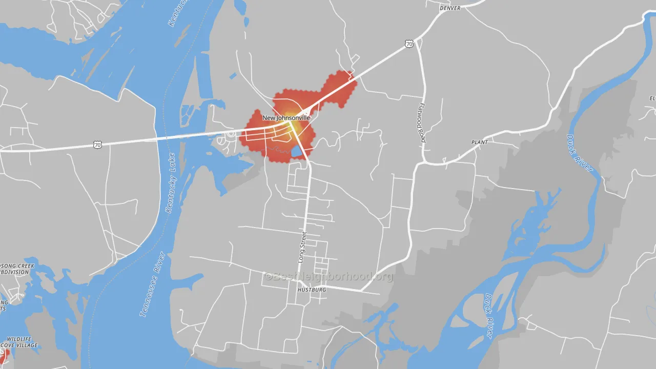 Walk Grade map of 37134, TN, walkable areas in green and car-dependent areas in red