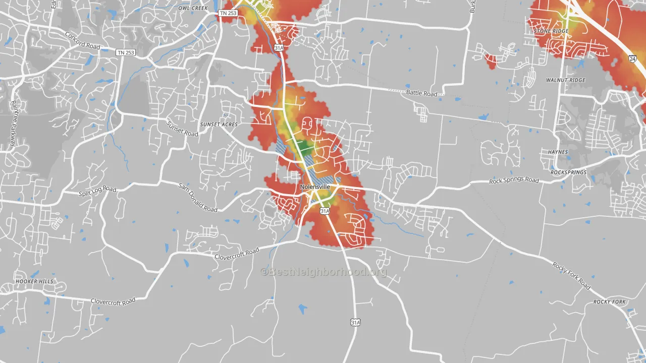 Walk Grade map of 37135, TN, walkable areas in green and car-dependent areas in red