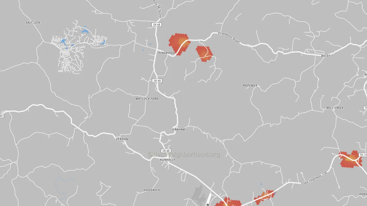 Walk Grade map of 37137, TN, walkable areas in green and car-dependent areas in red