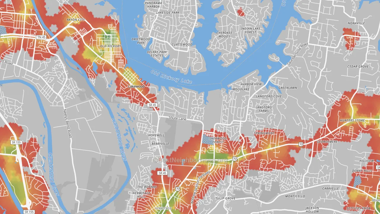 Walk Grade map of 37138, TN, walkable areas in green and car-dependent areas in red