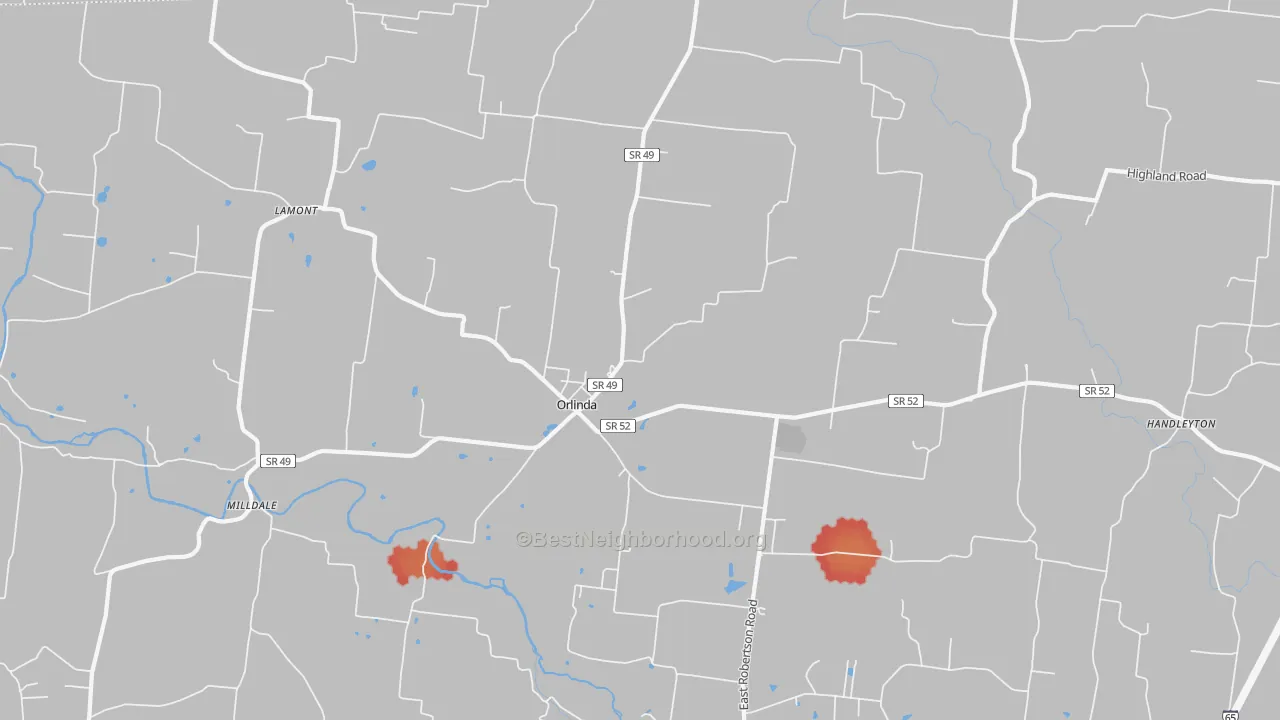 Walk Grade map of 37141, TN, walkable areas in green and car-dependent areas in red