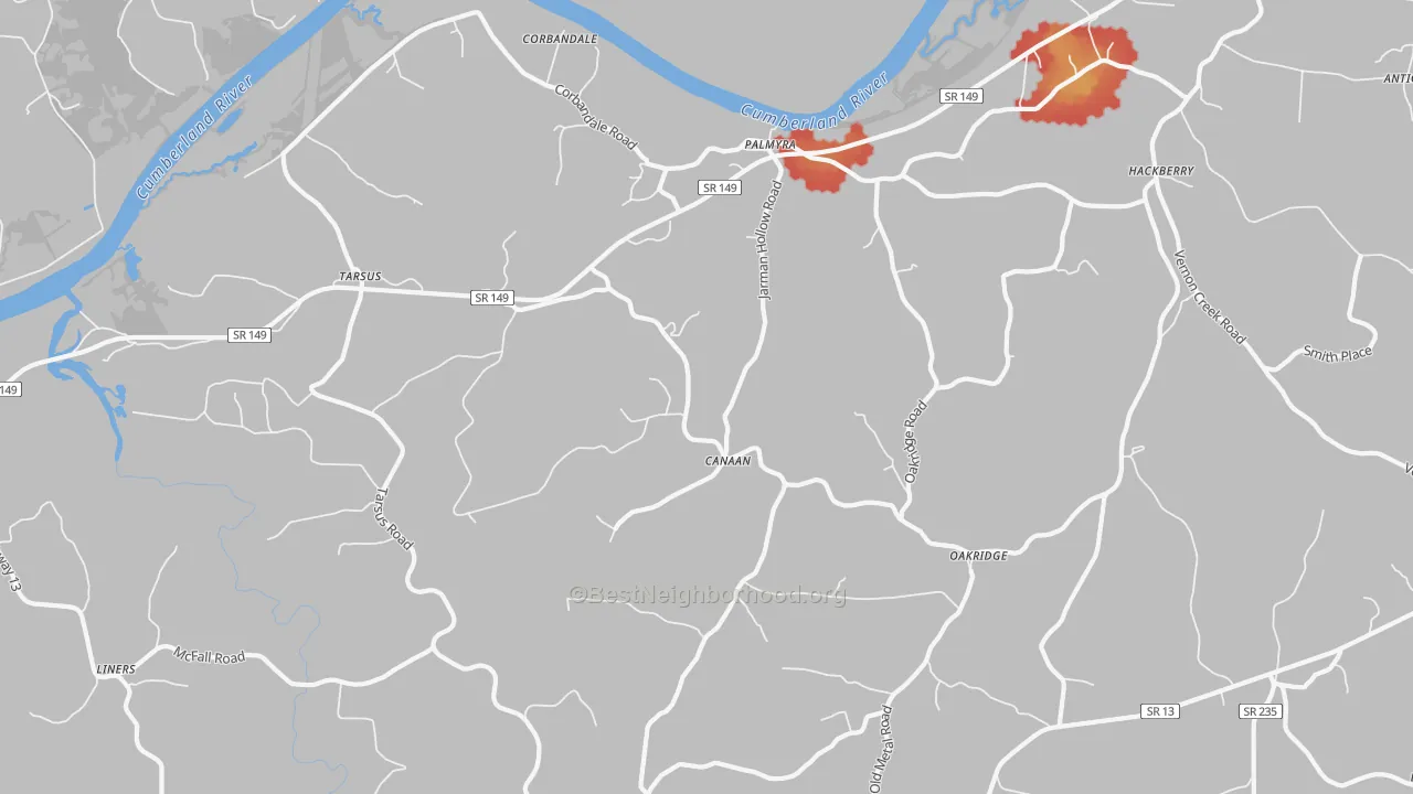 Walk Grade map of 37142, TN, walkable areas in green and car-dependent areas in red