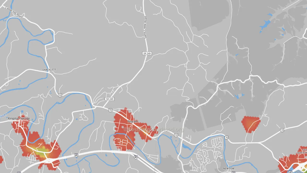 Walk Grade map of 37143, TN, walkable areas in green and car-dependent areas in red