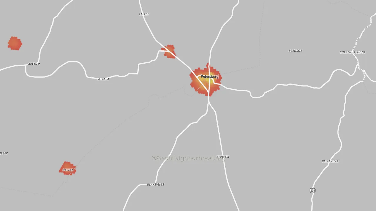 Walk Grade map of 37144, TN, walkable areas in green and car-dependent areas in red