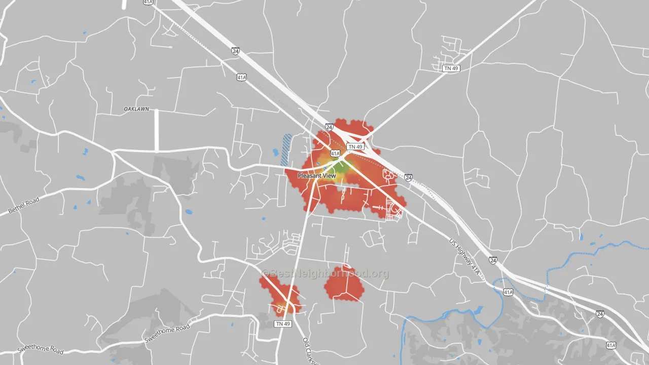 Walk Grade map of 37146, TN, walkable areas in green and car-dependent areas in red
