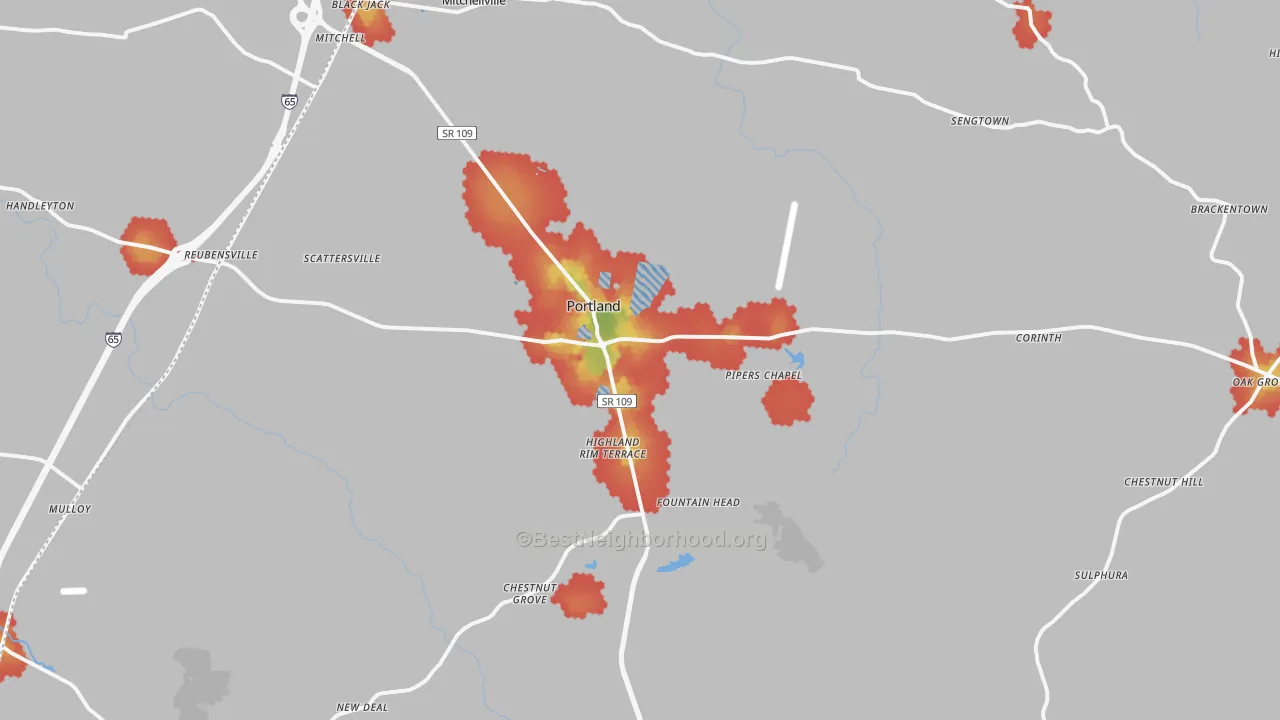 Walk Grade map of 37148, TN, walkable areas in green and car-dependent areas in red