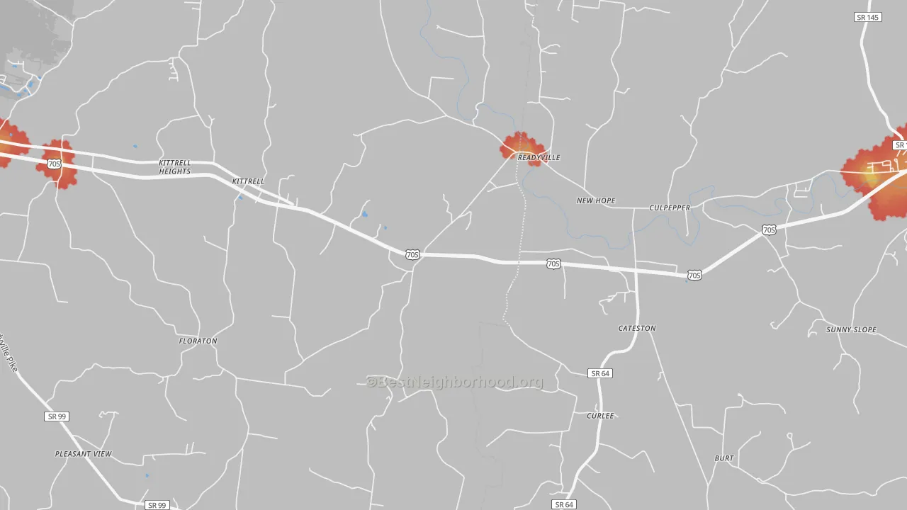 Walk Grade map of 37149, TN, walkable areas in green and car-dependent areas in red