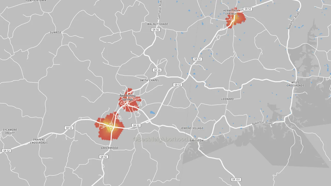 Walk Grade map of 37150, TN, walkable areas in green and car-dependent areas in red