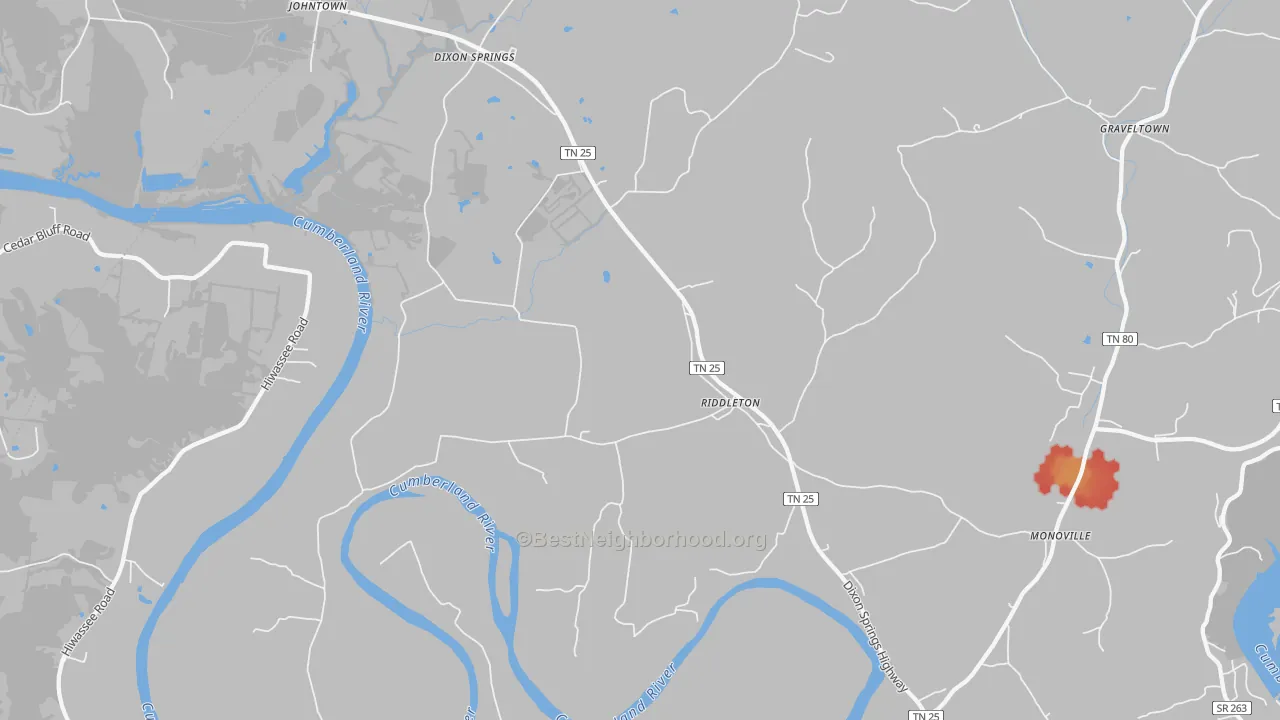 Walk Grade map of 37151, TN, walkable areas in green and car-dependent areas in red