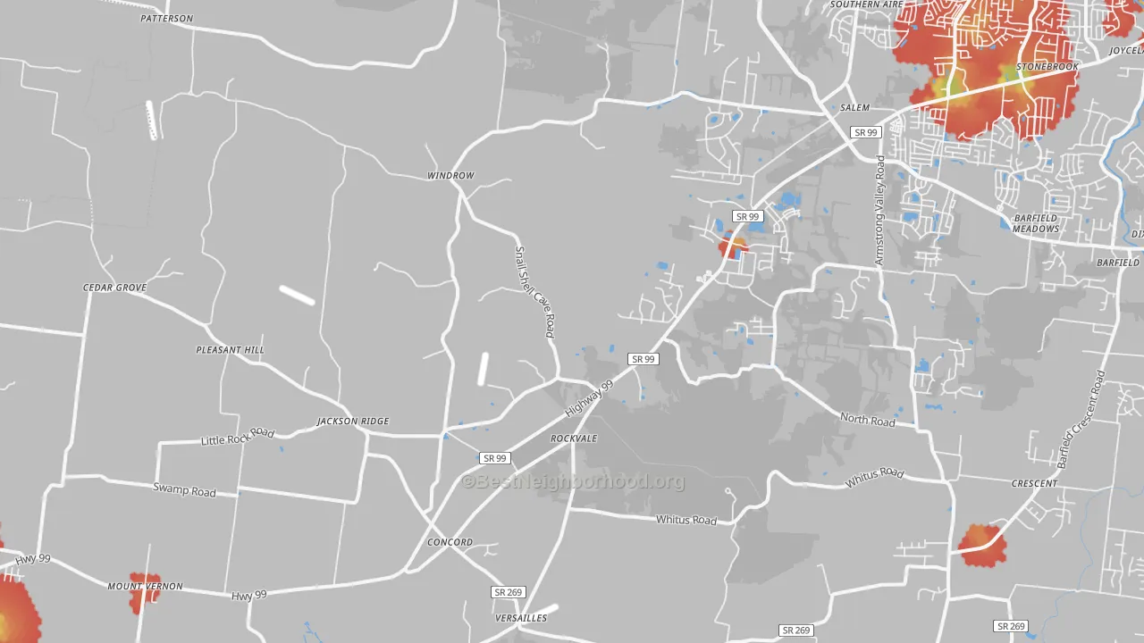 Walk Grade map of 37153, TN, walkable areas in green and car-dependent areas in red