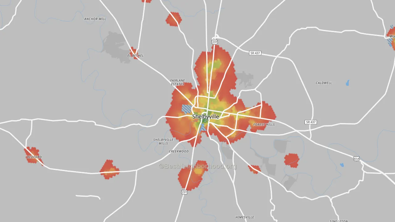 Walk Grade map of 37160, TN, walkable areas in green and car-dependent areas in red