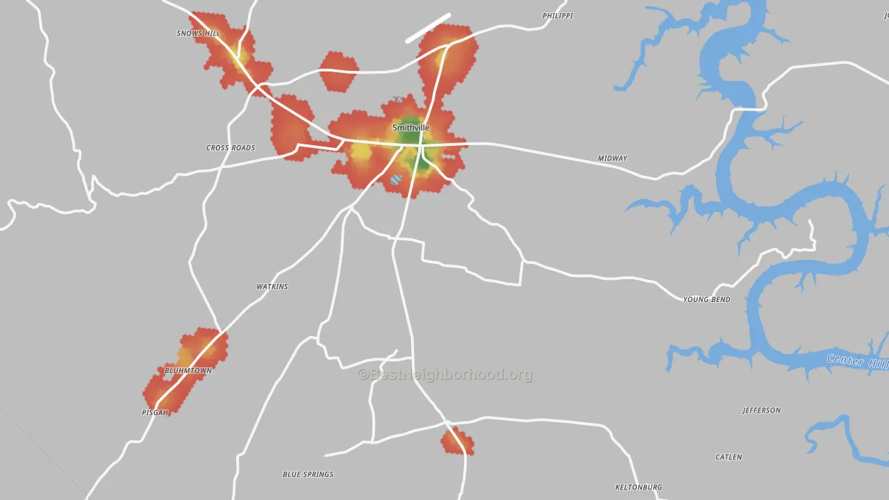 Walk Grade map of 37166, TN, walkable areas in green and car-dependent areas in red