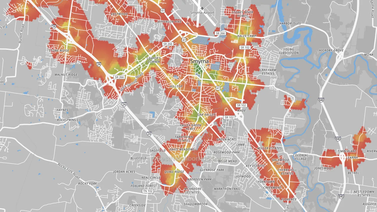 Walk Grade map of 37167, TN, walkable areas in green and car-dependent areas in red