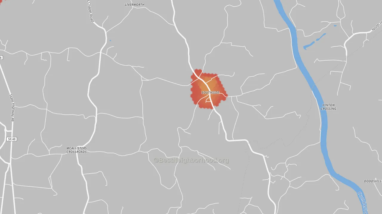 Walk Grade map of 37171, TN, walkable areas in green and car-dependent areas in red