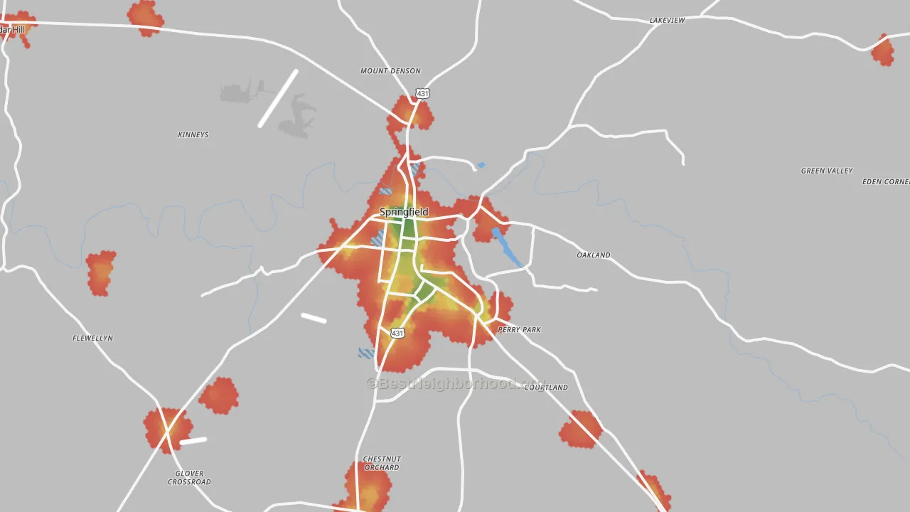 Walk Grade map of 37172, TN, walkable areas in green and car-dependent areas in red