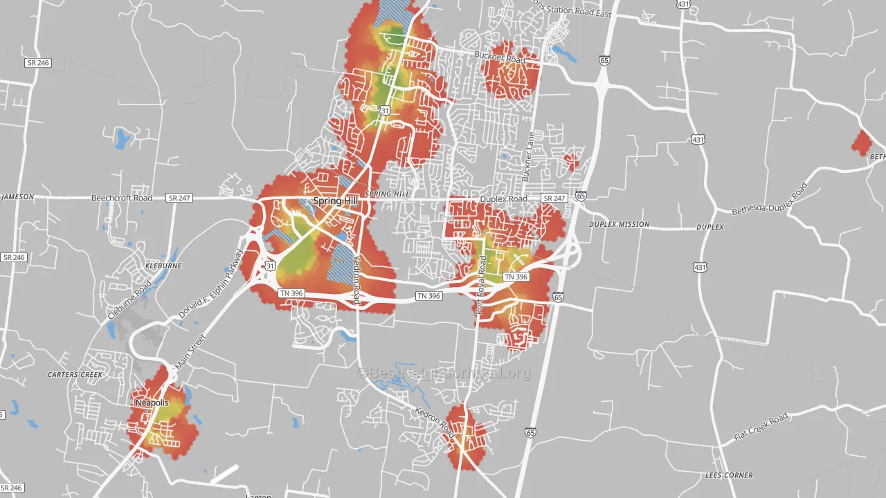 Walk Grade map of 37174, TN, walkable areas in green and car-dependent areas in red