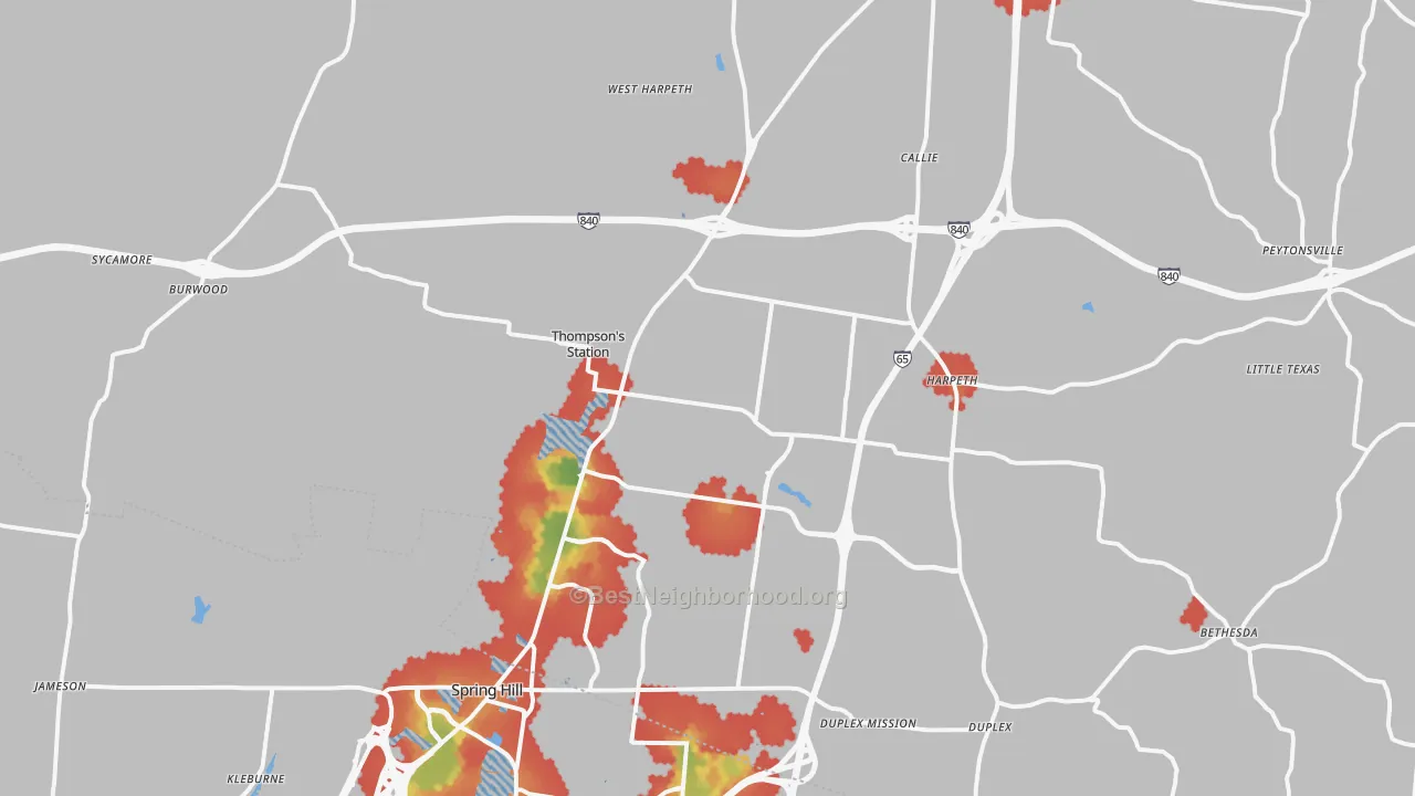 Walk Grade map of 37179, TN, walkable areas in green and car-dependent areas in red