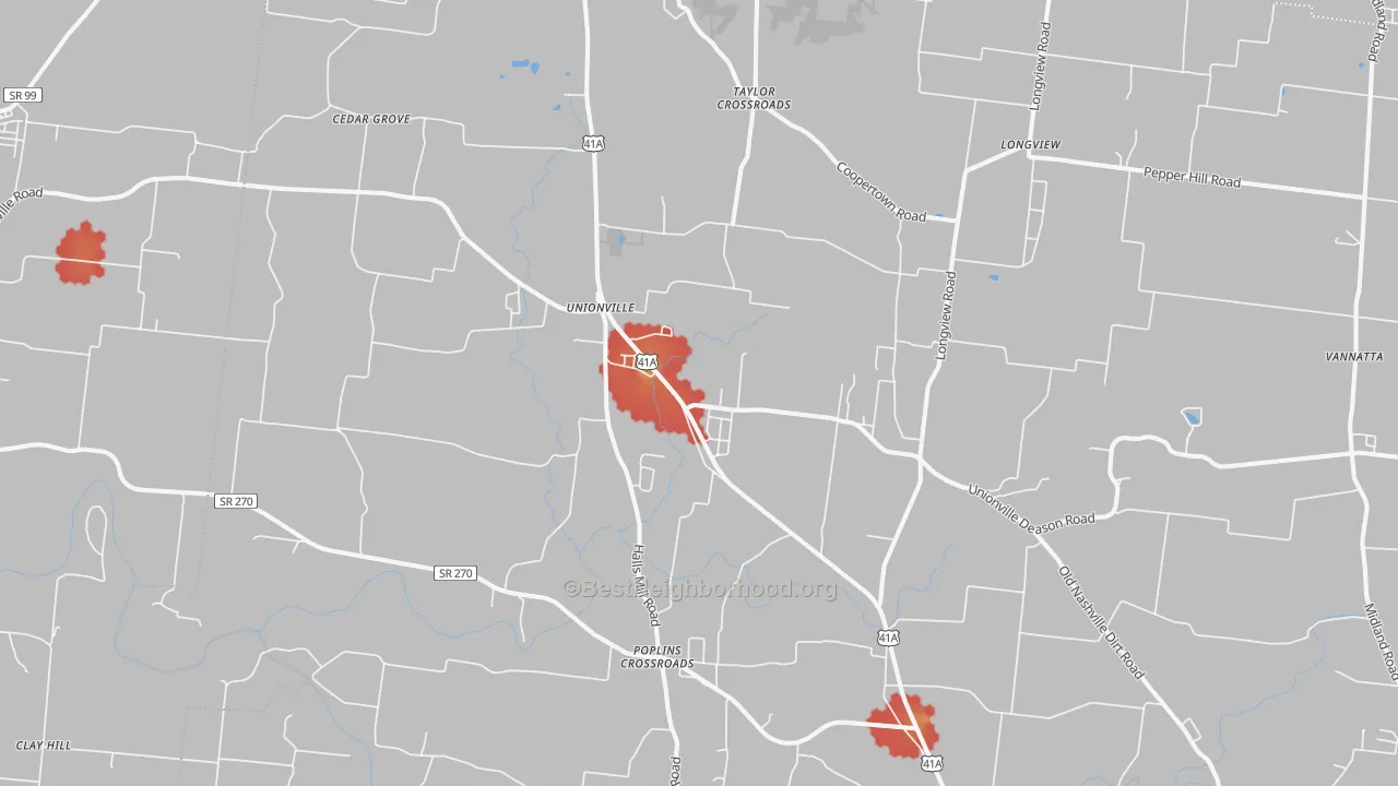 Walk Grade map of 37180, TN, walkable areas in green and car-dependent areas in red