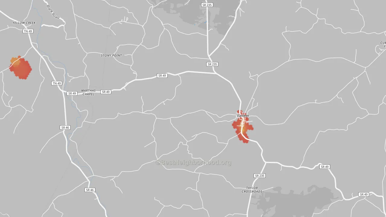 Walk Grade map of 37181, TN, walkable areas in green and car-dependent areas in red