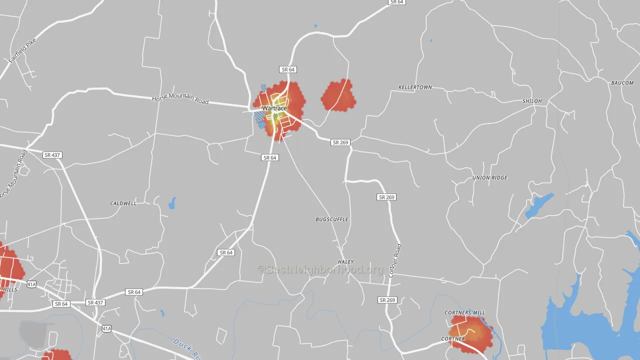 Walk Grade map of 37183, TN, walkable areas in green and car-dependent areas in red