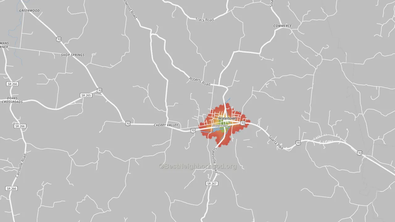 Walk Grade map of 37184, TN, walkable areas in green and car-dependent areas in red