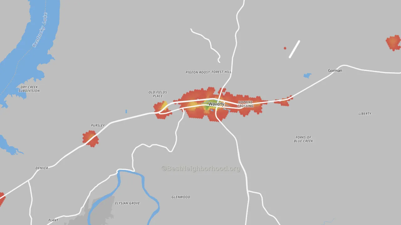 Walk Grade map of 37185, TN, walkable areas in green and car-dependent areas in red