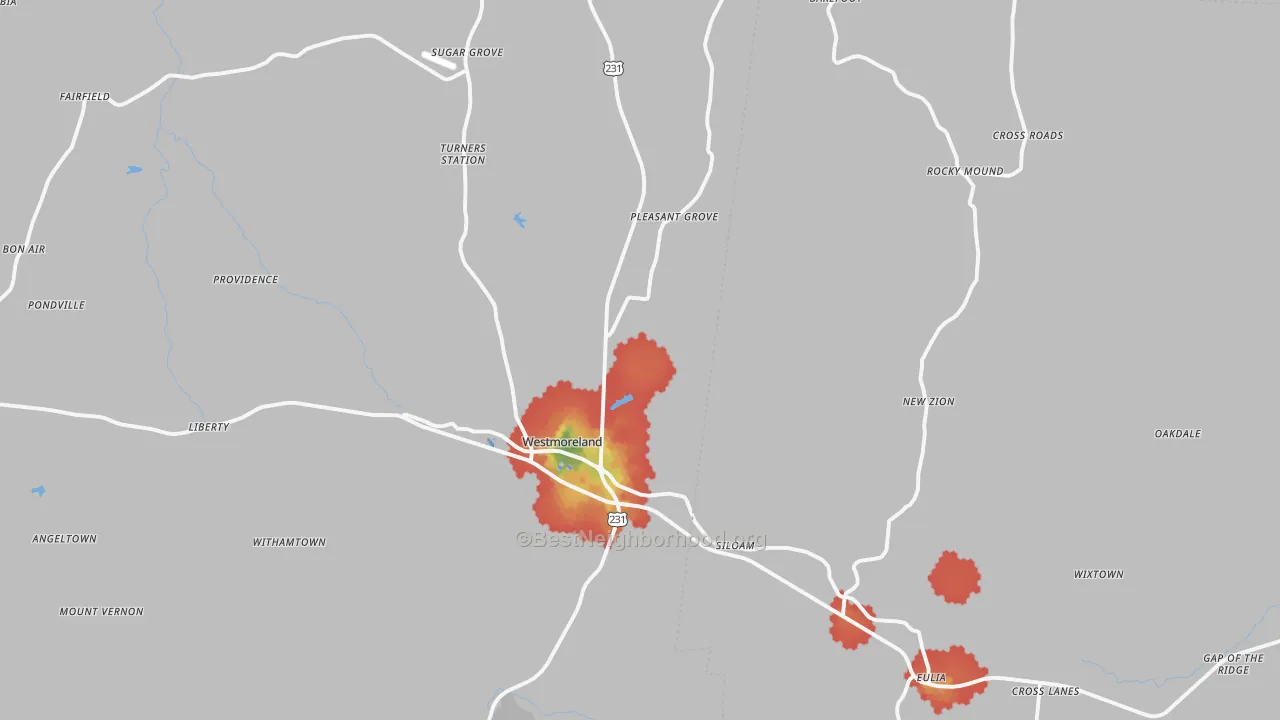 Walk Grade map of 37186, TN, walkable areas in green and car-dependent areas in red