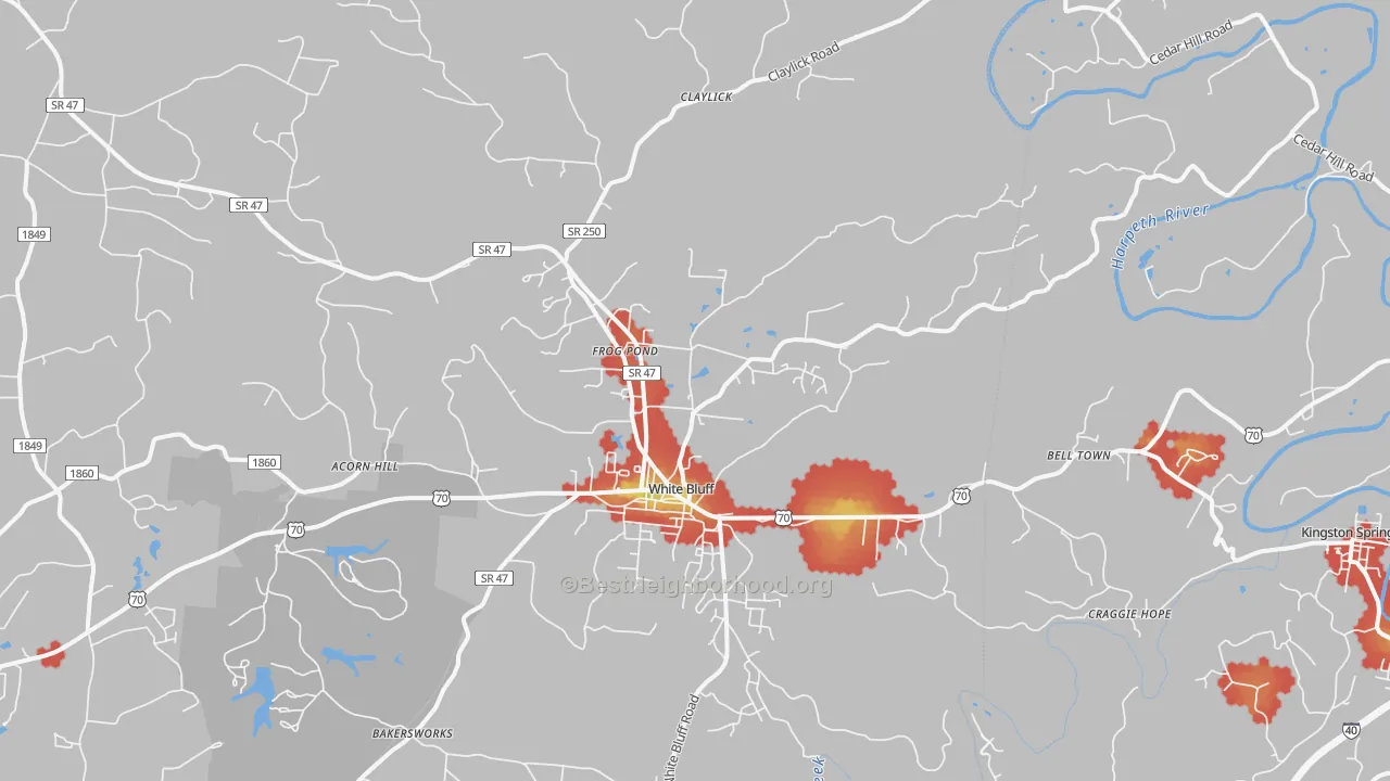 Walk Grade map of 37187, TN, walkable areas in green and car-dependent areas in red