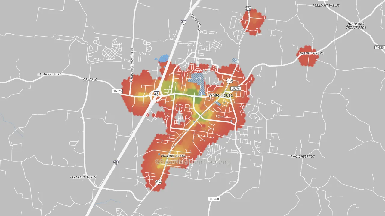 Walk Grade map of 37188, TN, walkable areas in green and car-dependent areas in red
